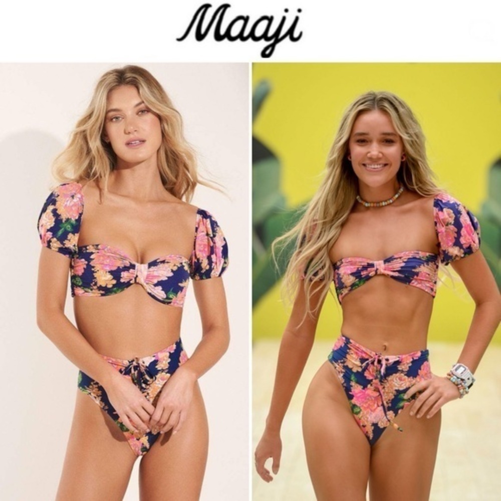 Maaji Peony Ebony Puff Sleeve Bikini Top M & Applause Reversible Bikini Bottom S